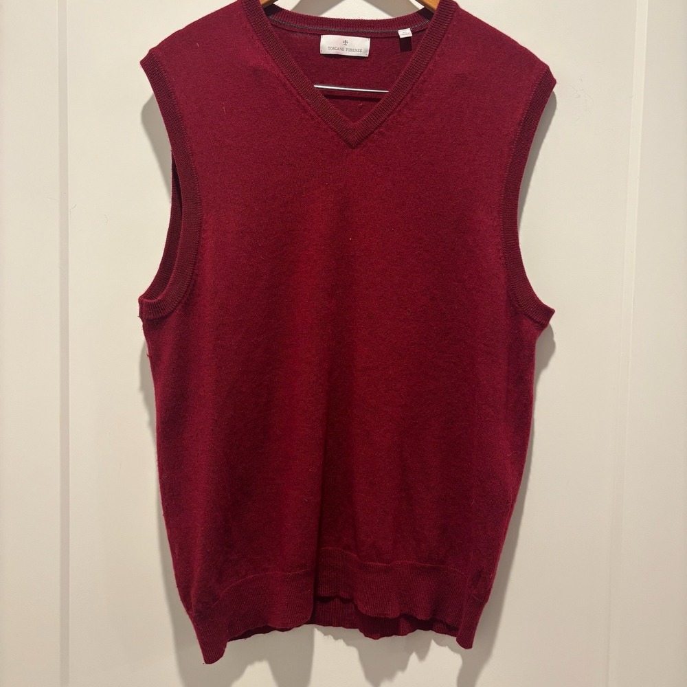 Toscano Firenze Mens XL Red 100%‎ Extrafine Merino Wool V-Neck Sweater Vest M108
